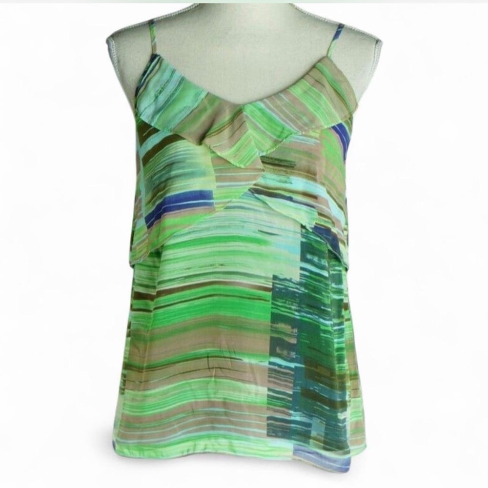 CAbi Green Multicolor Striped Ruffle Spaghetti-Strap Camisole